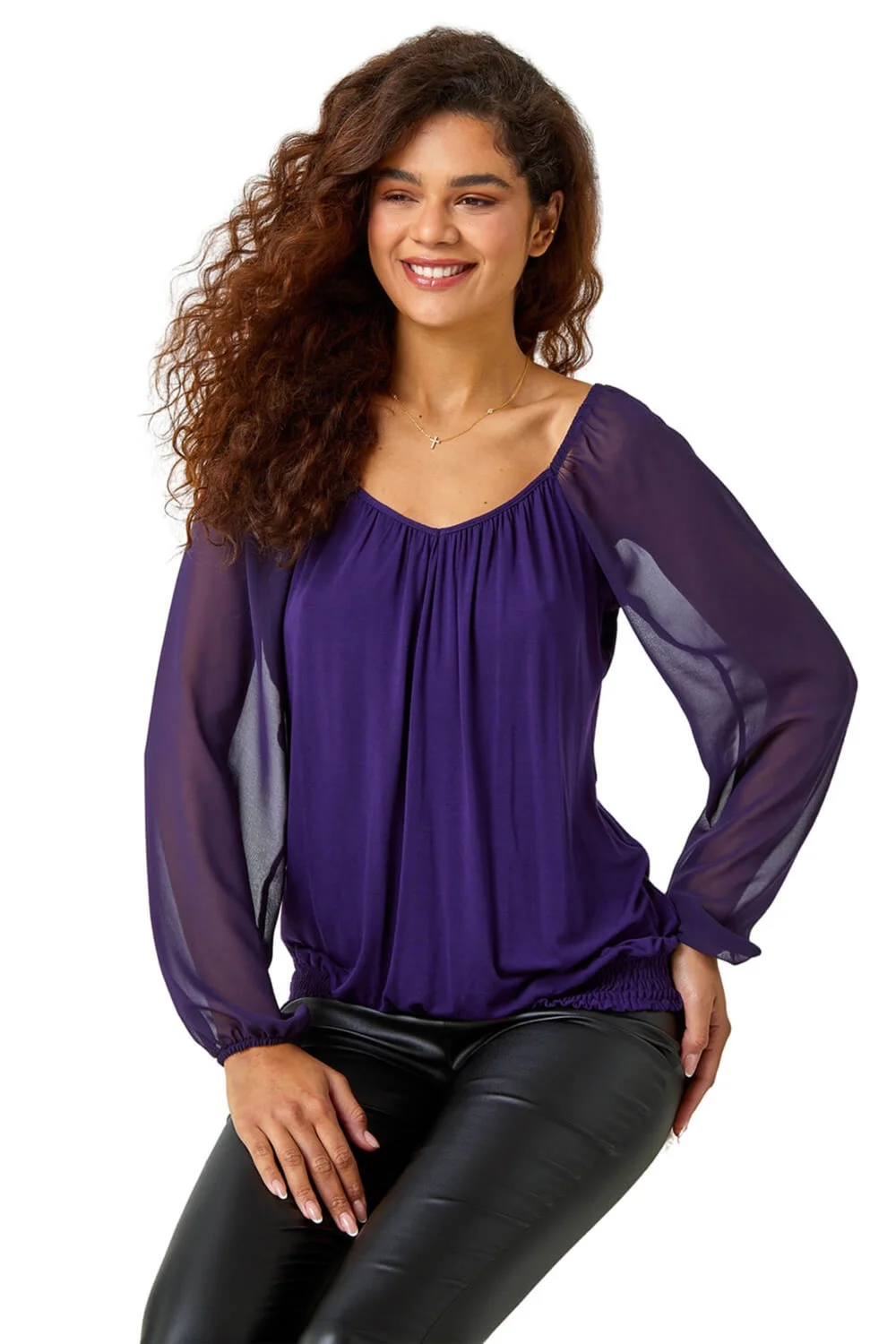 Roman Purple Chiffon Sleeve Bubble Hem Stretch Top - Size 16 Image 1
