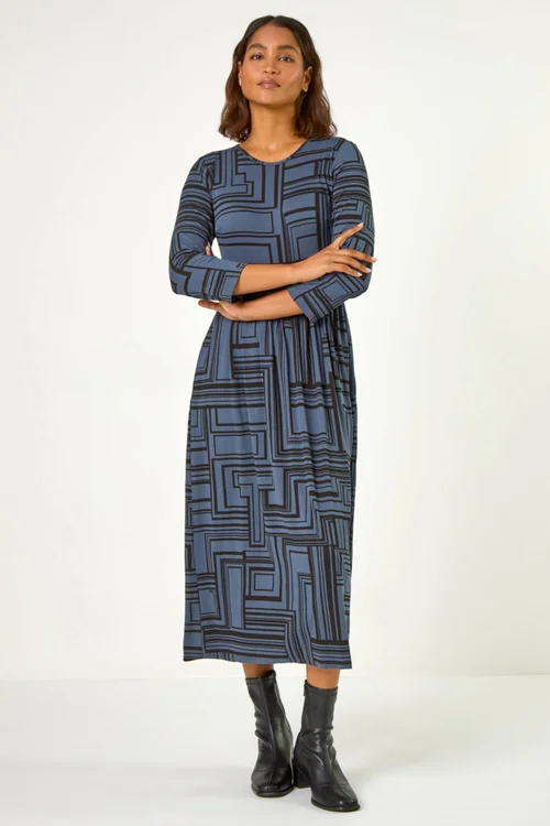 Roman Grey Linear Print Pocket Stretch Midi Dress - 18 Image 2