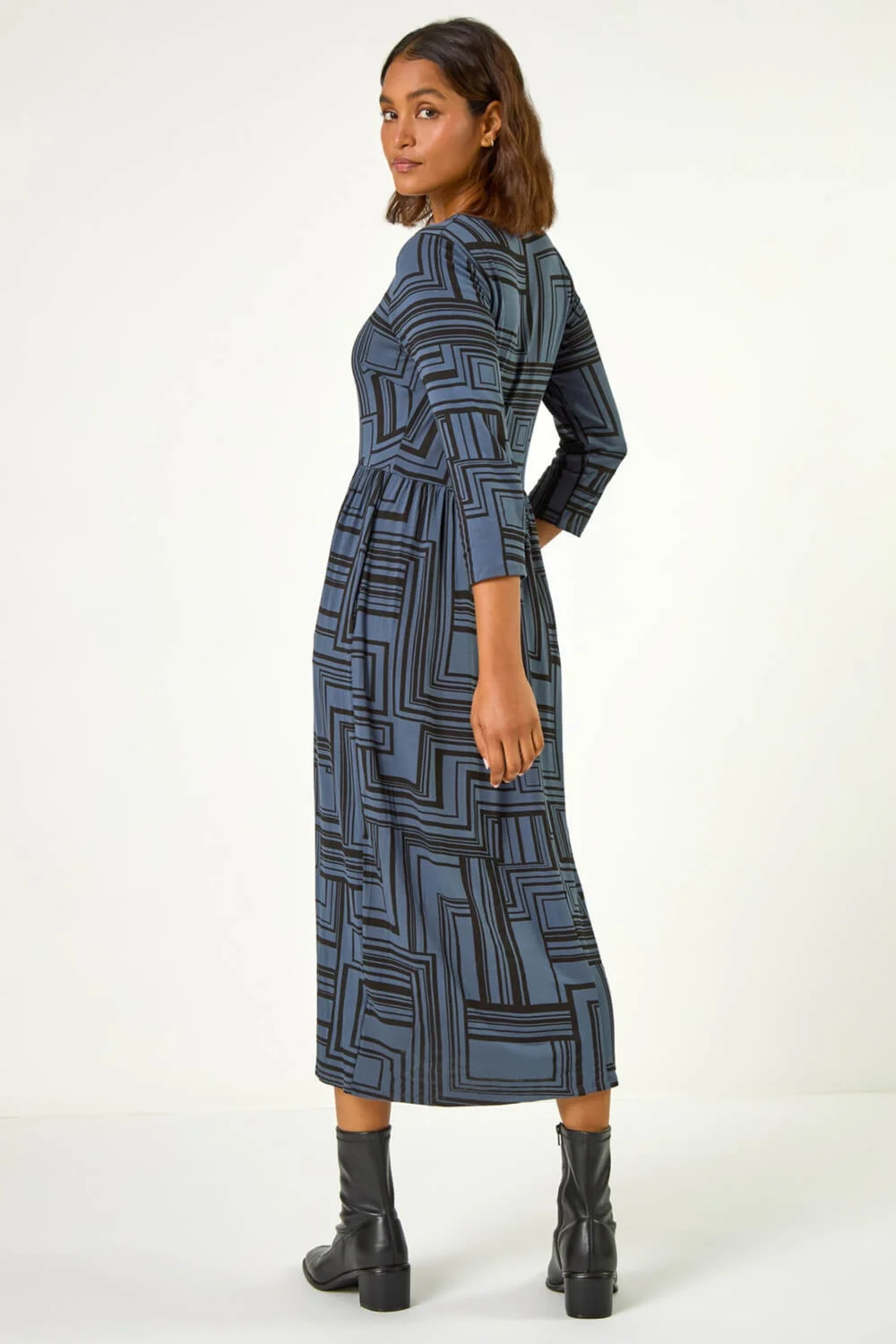 Roman Grey Linear Print Pocket Stretch Midi Dress - 18 Image 3