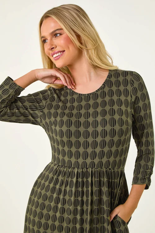 Roman Khaki Petite Geometric Spot Midi Dress - 8 Image 4