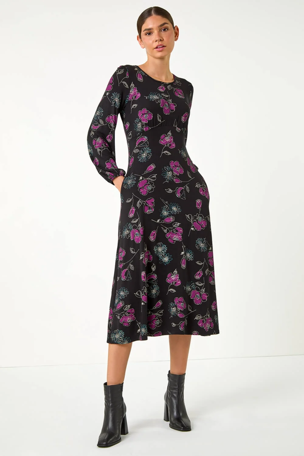 Roman Purple Floral Empire Waist Midi Dress - 10 Image 2
