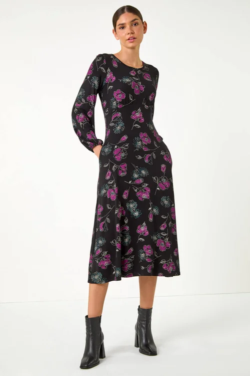 Roman Purple Floral Empire Waist Midi Dress - 10 Image 2