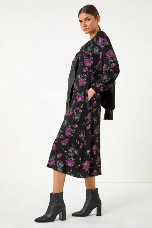 Roman Purple Floral Empire Waist Midi Dress - 10 Image 3