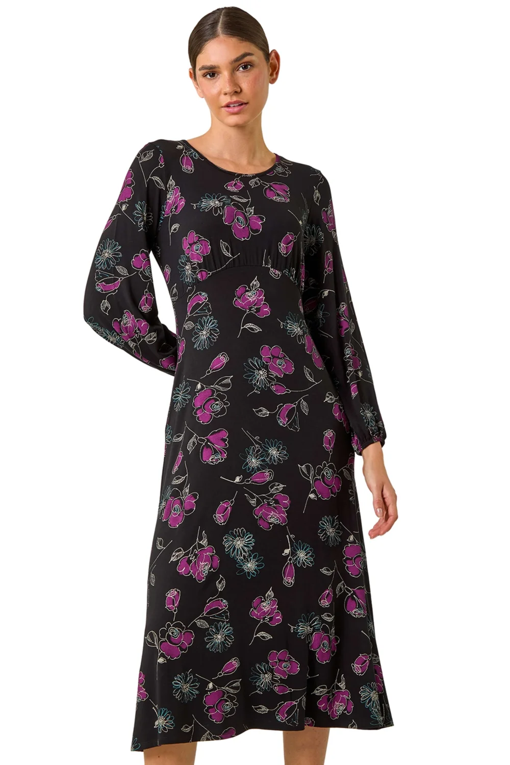 Roman Purple Floral Empire Waist Midi Dress - 10 Image 1