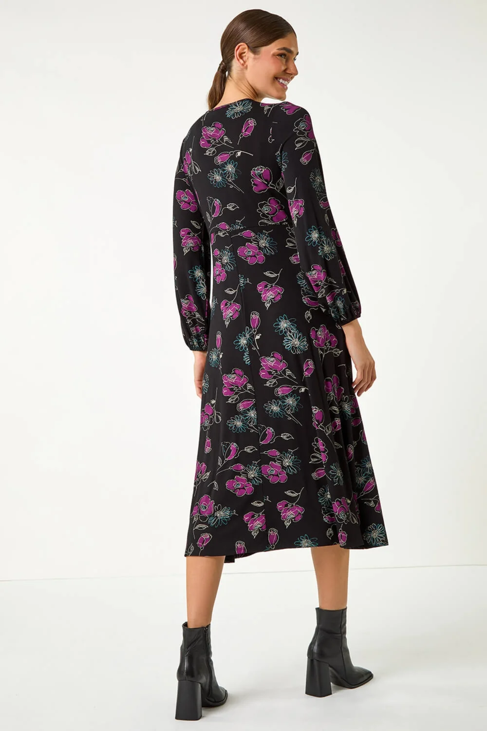 Roman Purple Floral Empire Waist Midi Dress - 10 Image 4
