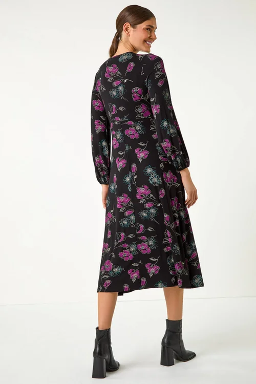 Roman Purple Floral Empire Waist Midi Dress - 10 Image 4