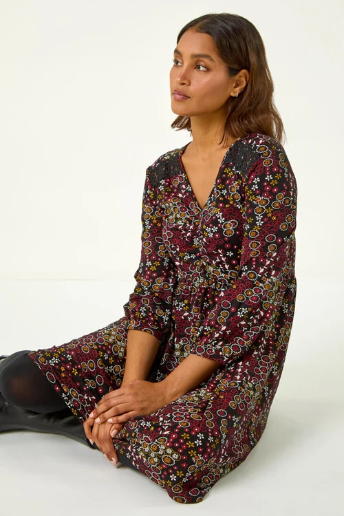 Roman Red Floral Print Lace Stretch Dress - 10 Image 3