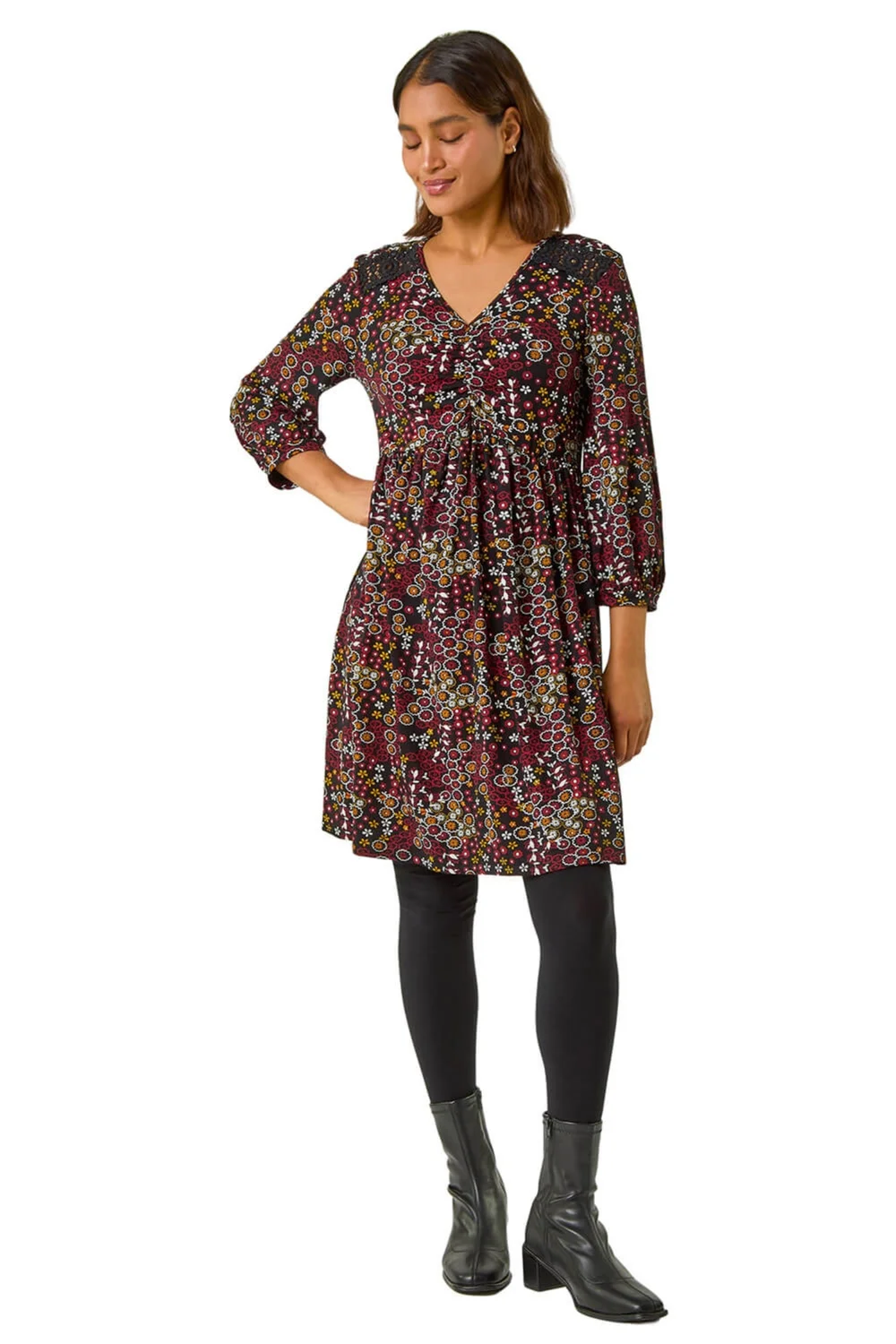Roman Red Floral Print Lace Stretch Dress - 10 Image 2