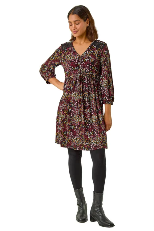 Roman Red Floral Print Lace Stretch Dress - 10 Image 2