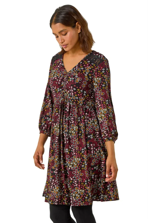 Roman Red Floral Print Lace Stretch Dress - 10 Image 1