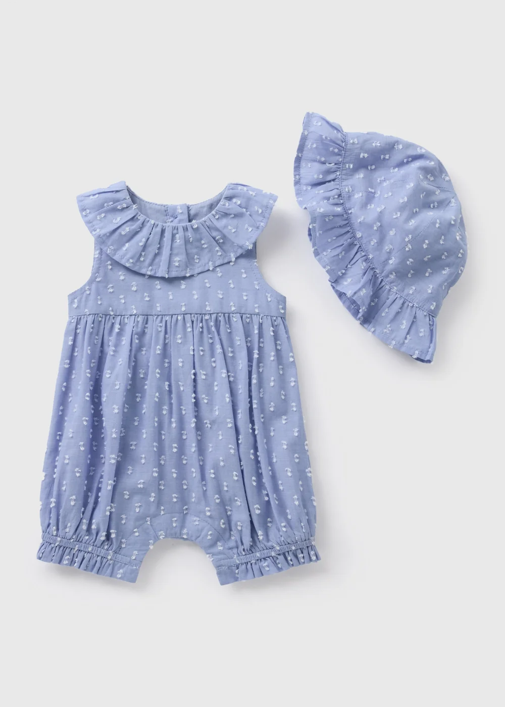 Baby Blue Dobby Romper & Hat Set (Newborn-23mths) - 0-3 months Image 1
