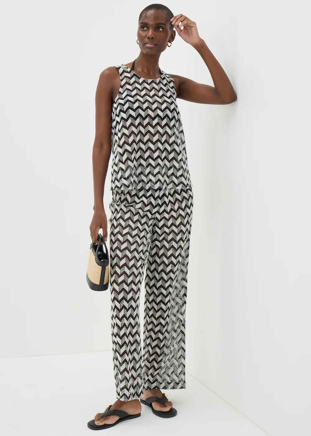 Black Chevron Crochet Wide Leg Trousers - XS Image 1