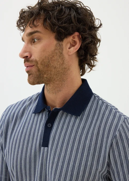 Navy Jacquard Stripe Polo Shirt - S Image 3