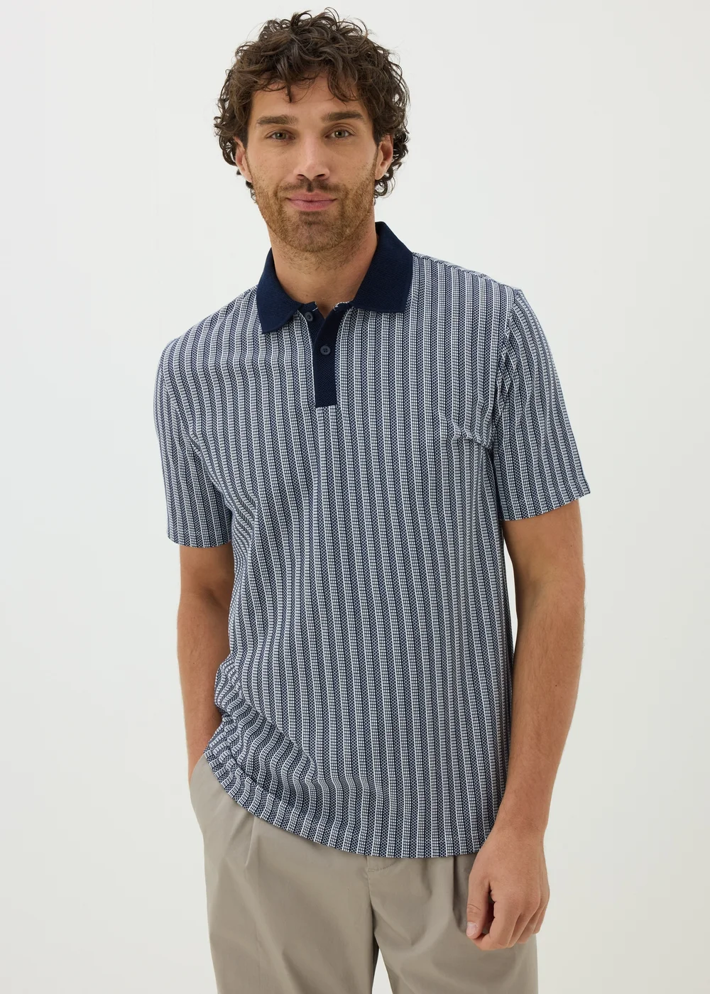Navy Jacquard Stripe Polo Shirt - S Image 1