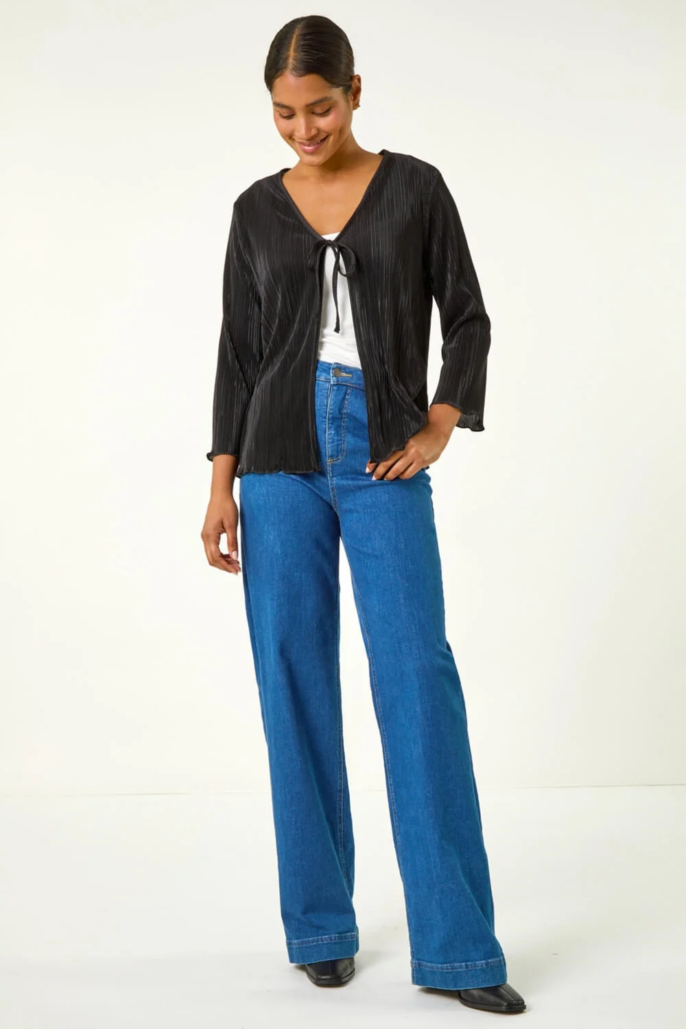 Roman Black Stretch Tie Detail Plisse Cardigan - 10 Image 2