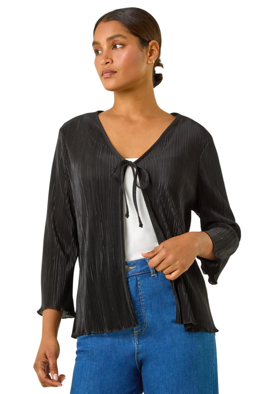 Roman Black Stretch Tie Detail Plisse Cardigan - 10 Image 1