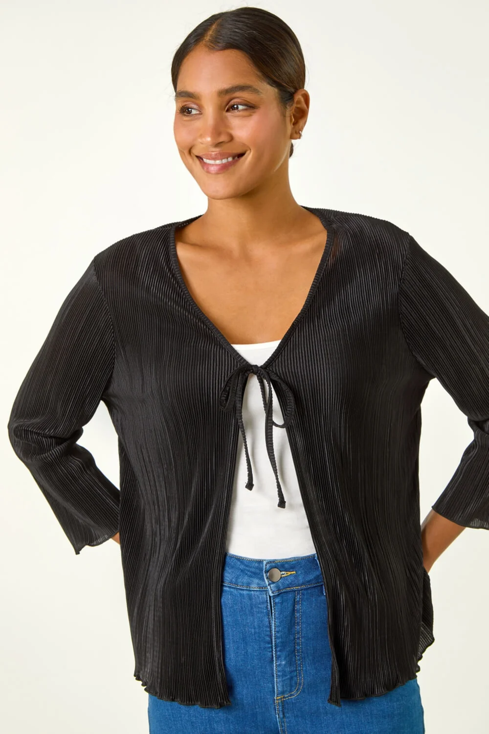 Roman Black Stretch Tie Detail Plisse Cardigan - 10 Image 4