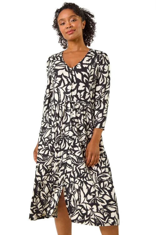 Roman Black Petite Floral Buttoned Dress - 14 Image 1