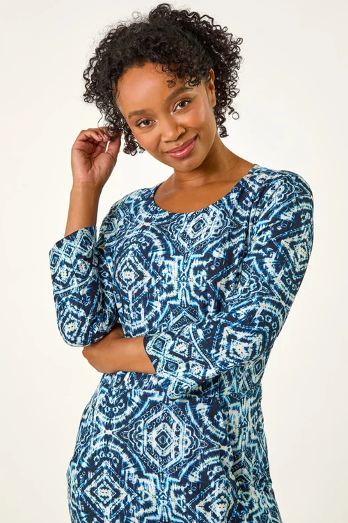 Roman Navy Petite Print Pocket Detail Stretch Dress - 8 Image 4