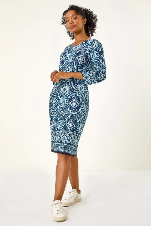 Roman Navy Petite Print Pocket Detail Stretch Dress - 8 Image 2