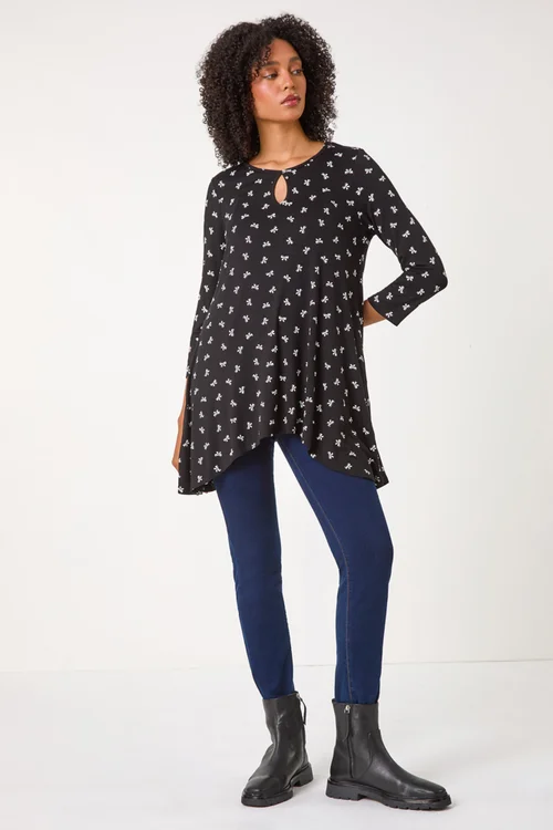 Roman Black Bow Print Cutout Tunic Top - 10 Image 4