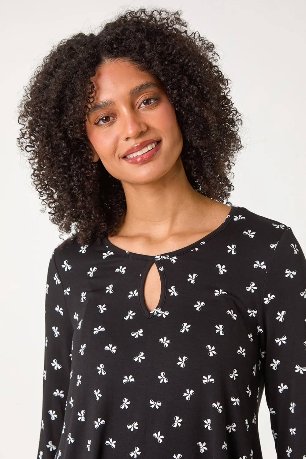 Roman Black Bow Print Cutout Tunic Top - 10 Image 2