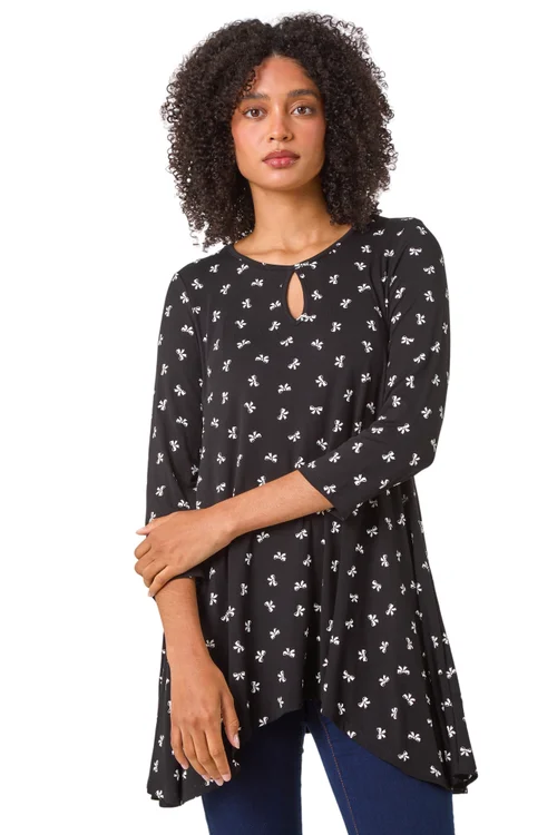 Roman Black Bow Print Cutout Tunic Top - 10 Image 1
