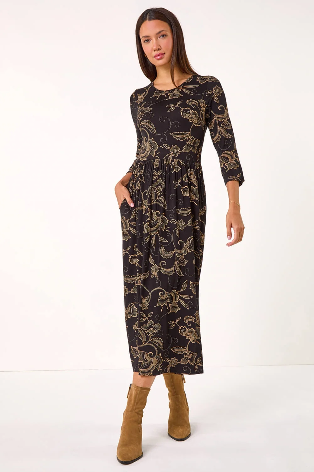 Roman Tan Paisley Pocket Stretch Midi Dress - 10 Image 3