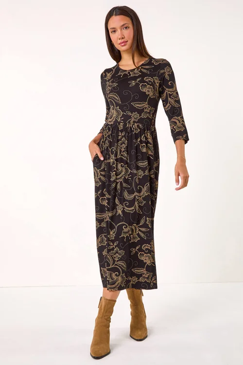 Roman Tan Paisley Pocket Stretch Midi Dress - 10 Image 3