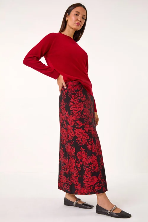 Roman Red Rose Print A-Line Midi Skirt - Size 10 Image 2