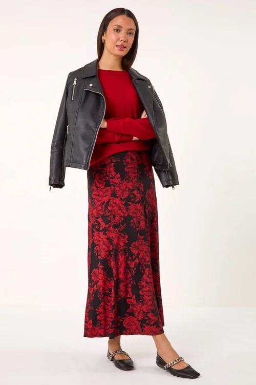 Roman Red Rose Print A-Line Midi Skirt - Size 10 Image 3