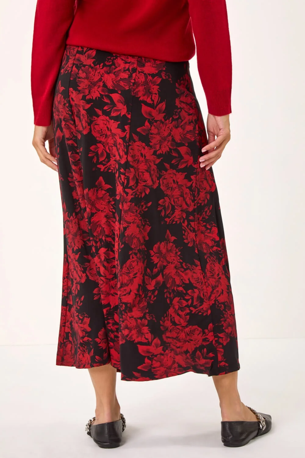 Roman Red Rose Print A-Line Midi Skirt - Size 10 Image 4