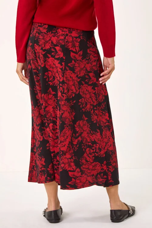 Roman Red Rose Print A-Line Midi Skirt - Size 10 Image 4