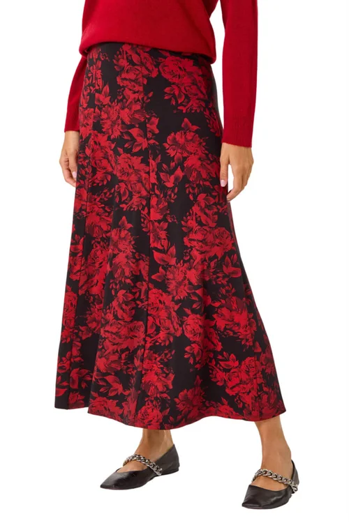 Roman Red Rose Print A-Line Midi Skirt - Size 10 Image 1