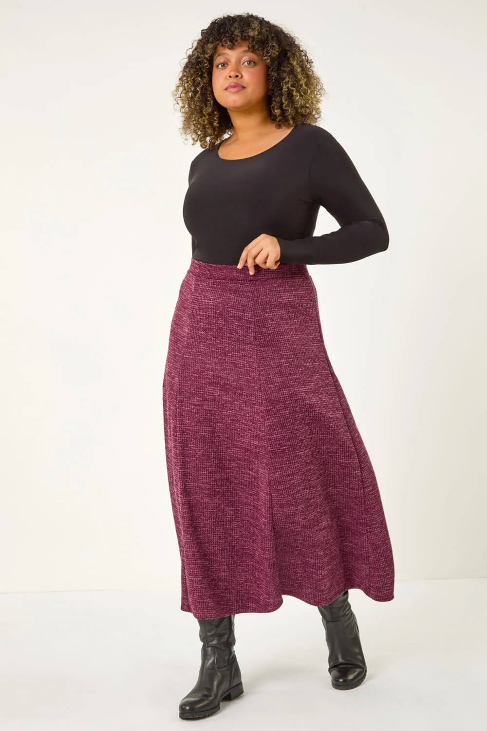 Roman Burgundy Curve Check Stretch Midi Skirt - 34-36 Image 3