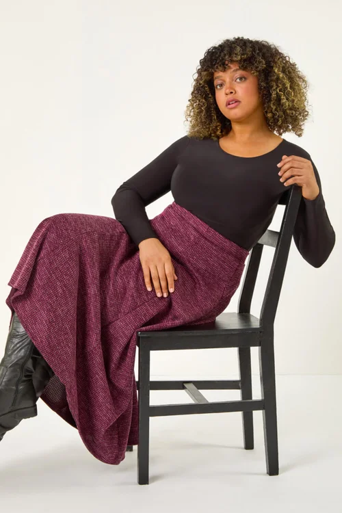 Roman Burgundy Curve Check Stretch Midi Skirt - 34-36 Image 2