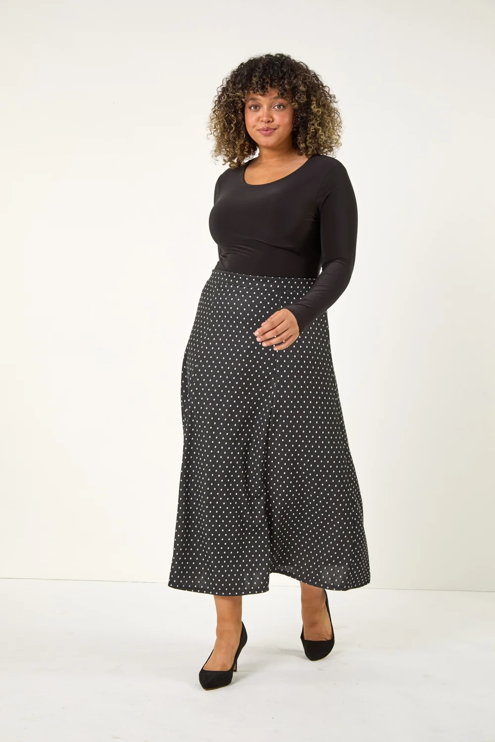 Roman Dark Grey Curve Spot Print Stretch Midi Skirt - 34-36 Image 1