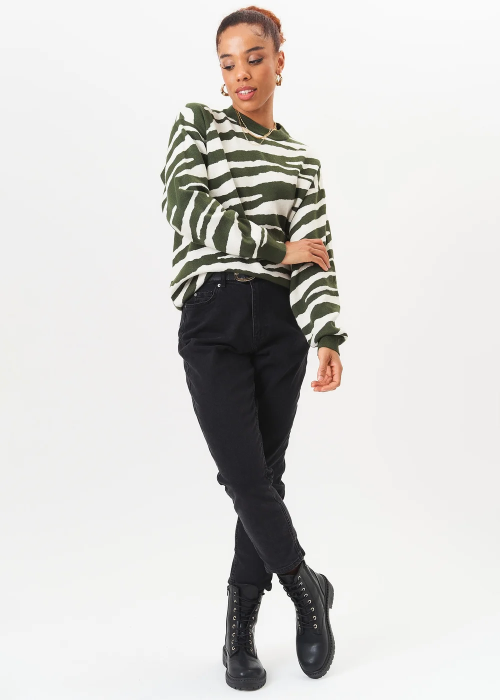 Gini London Khaki Zebra Print Oversized Jumper - Small/Medium Image 1