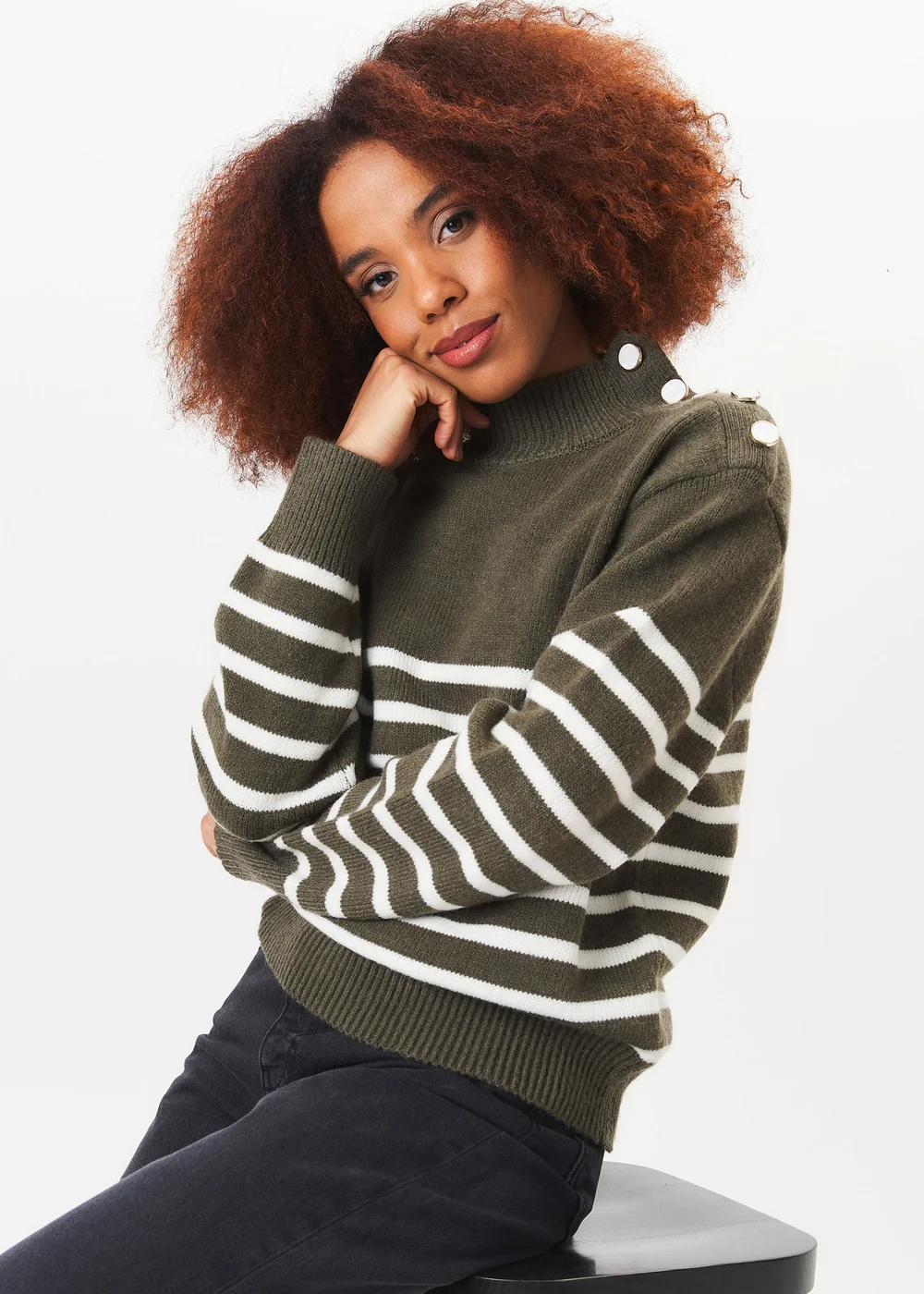 Gini London Khaki High Neck Stripe Oversized Jumper - Small/Medium Image 4