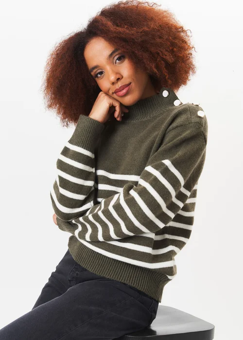 Gini London Khaki High Neck Stripe Oversized Jumper - Small/Medium Image 4
