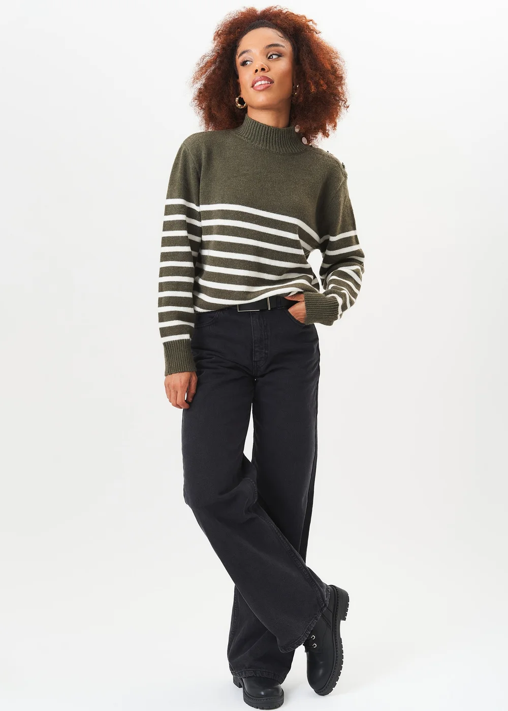 Gini London Khaki High Neck Stripe Oversized Jumper - Small/Medium Image 1