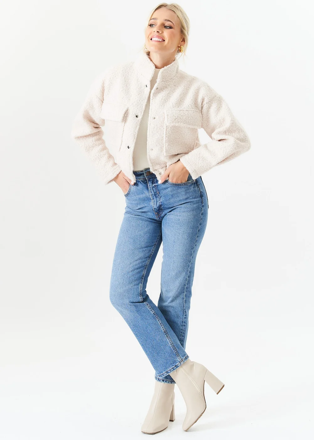 Gini London Beige Boucle Wool Elasticated Waist Cropped Jacket - S/M Image 1