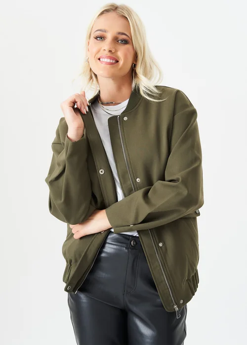Gini London Khaki Zip up Oversized Bomber Jacket - S/M Image 4