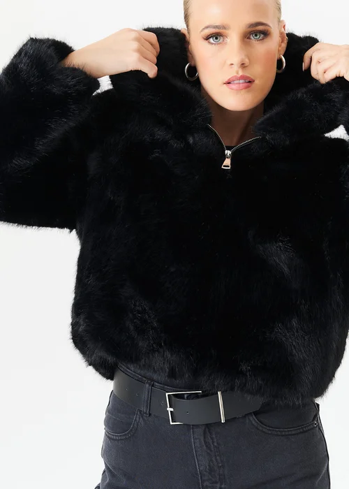 Gini London Black Zip Front Cropped Faux Fur Jacket - Small/Medium Image 3