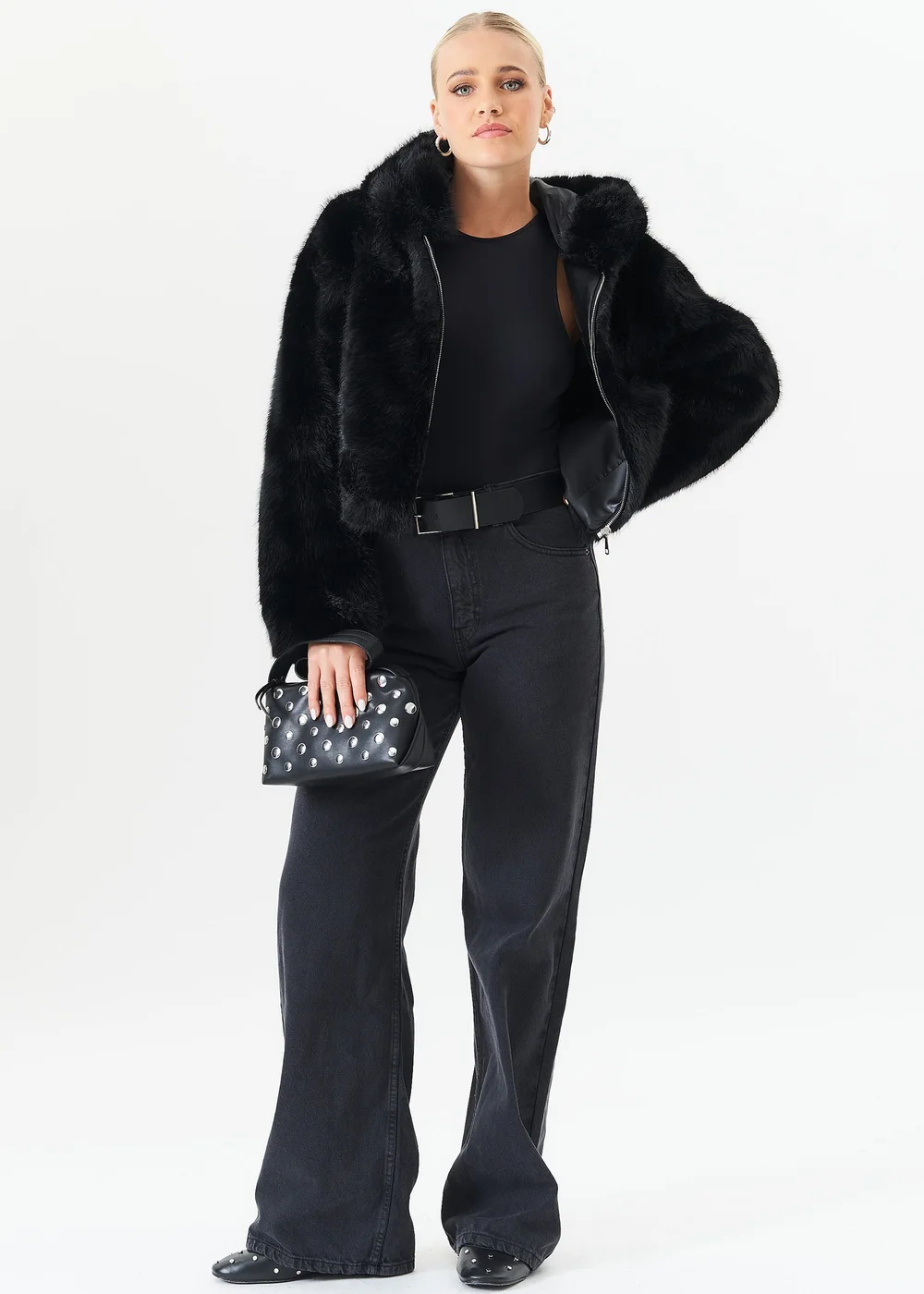Gini London Black Zip Front Cropped Faux Fur Jacket - Small/Medium Image 1