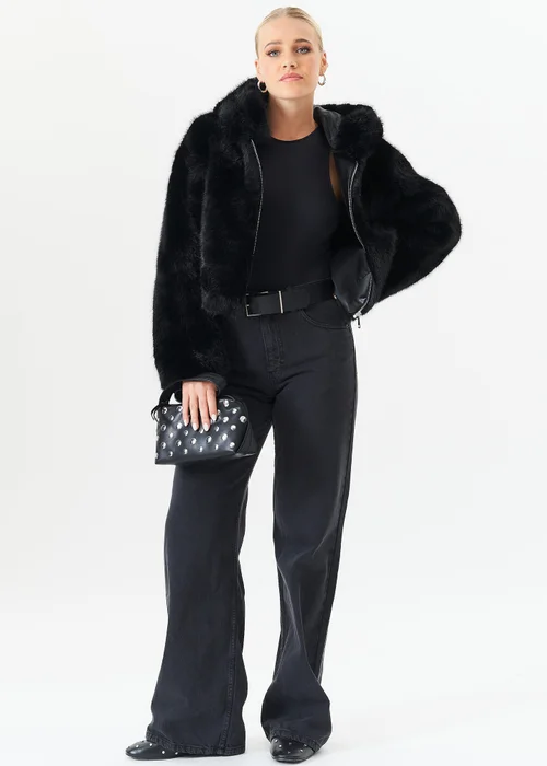 Gini London Black Zip Front Cropped Faux Fur Jacket - Small/Medium Image 1