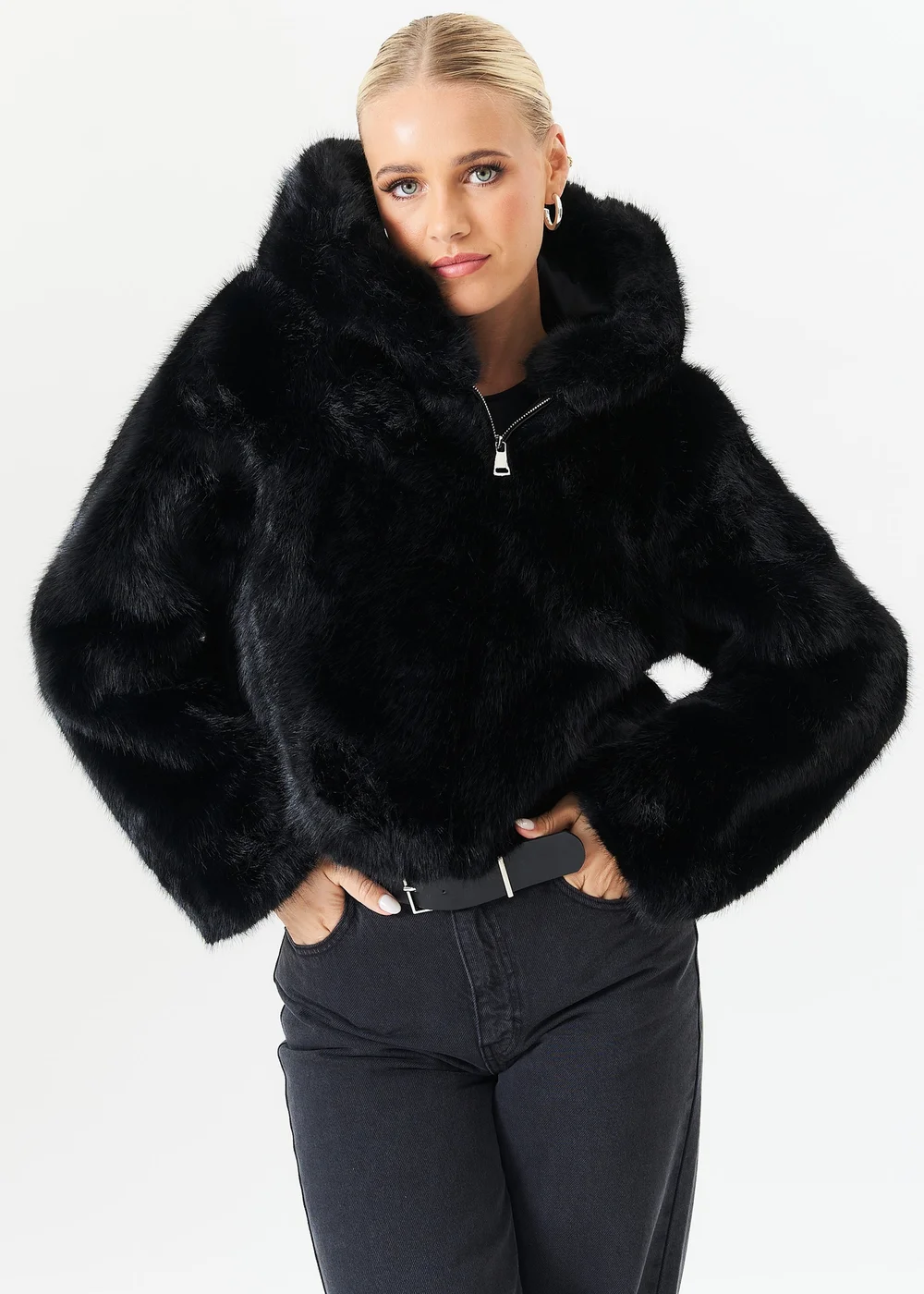 Gini London Black Zip Front Cropped Faux Fur Jacket - Small/Medium Image 4