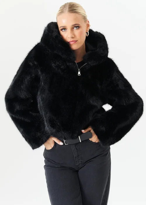 Gini London Black Zip Front Cropped Faux Fur Jacket - Small/Medium Image 4