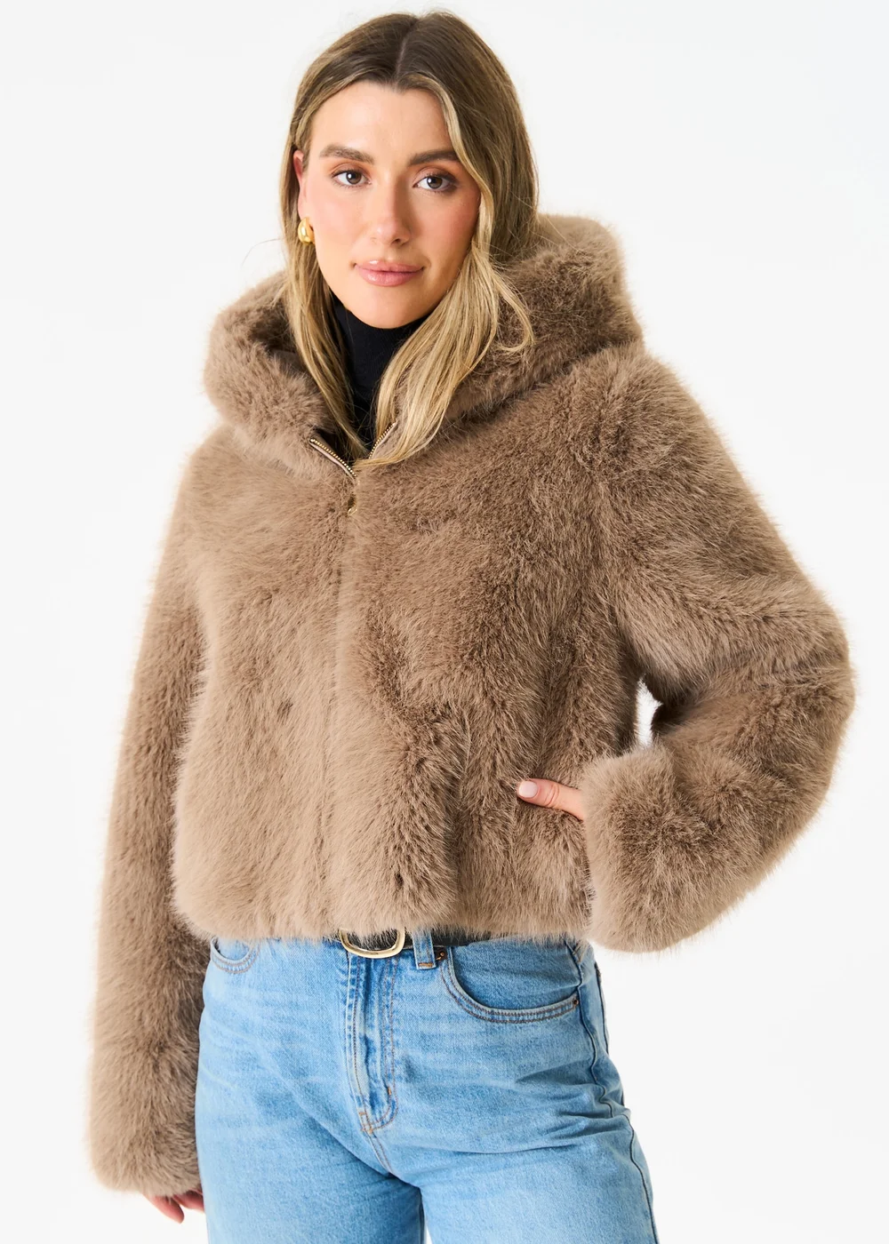 Gini London Stone Zip Front Cropped Faux Fur Jacket - Small/Medium Image 1