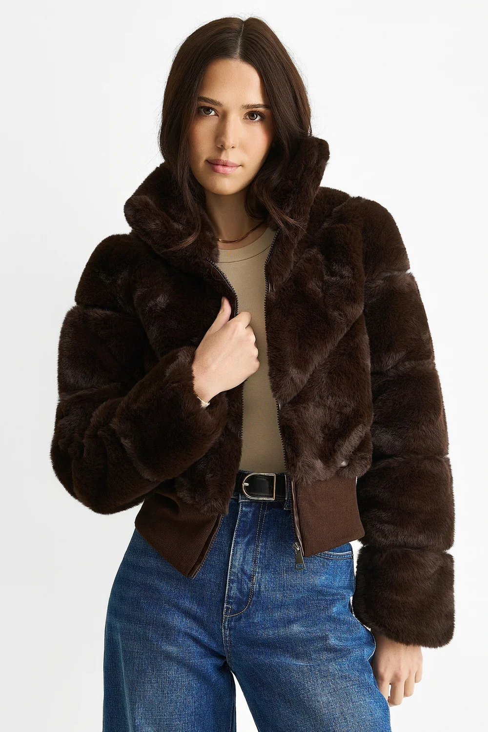 Gini London Chocolate Faux Fur Zip Front Short Jacket - L/XL Image 3